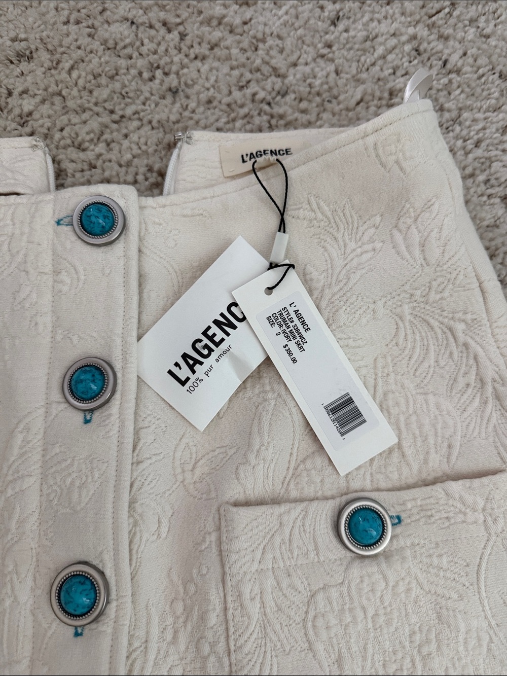 L'AGENCE Cream Embroidered Button-Front Mini Skirt with Turquoise Buttons - Picture 3 of 9
